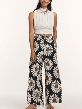Farm Rio x Anthropologie linen blend wide-Leg Daisy Print Pants - Black & White